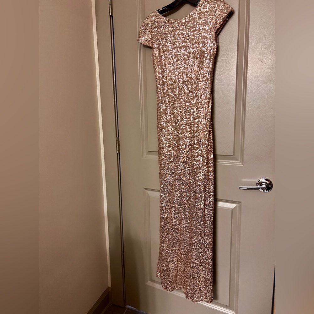Gorgeous sequined gown with stretch . Fits size 2 to 4 Petite.